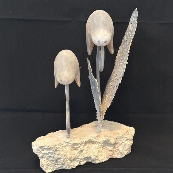 Coastal Decor "Wooden Manatee w/Metal accents on Stone base" Mixed Media - Picture 2 of 12